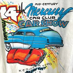 Vintage 90s Mercury Car Club Car Show Mid-Century Aqua Ringer T Shirt Size XL